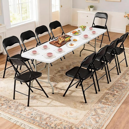 Elevon Folding Table Set with 10 Black Folding Chairs,8 Feet Heavy Duty Fold-in-Half Utility Table Sets for Picnic, Event, Training, Outdoor Activities, at Home and Commercial Use