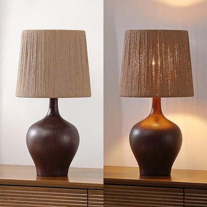 JONATHAN Y 23" Dark Brown Wood Finish Rustic Farmhouse Resin Gourd LED Table Lamp for Bedroom, Living Room, Nightstand, with Brown Paper Rope Shade, LED Bulb Included (JYL9200B)