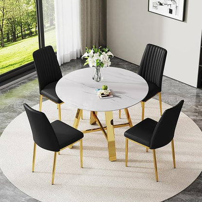 Round Dining Table Set for 4, Round Dining Room Table Set for 4 with Chrome Leg and 4 Chair Dining Table Set, Small Kitchen Island with Seating for Small Spaces(BKG)
