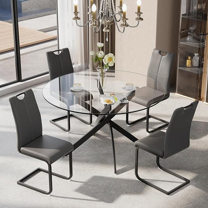 47-Inch Round Tempered Glass Dining Table for 2-4 Person - Heavy-Duty Black Metal Base with Adjustable Non-Slip Mats - Modern Small Kitchen Table for Dining Room, Apartment, Condo (Clear Top)