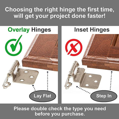 DecoBasics Cabinet Hinges Brushed Nickel for Kitchen Cabinets Doors (30 Pair -60 Pcs) -1/2" Overlay (Variable) -Self Closing Kitchen Cabinet Hinges Flush Mount w/Silicon Bumpers & Hardware Screws