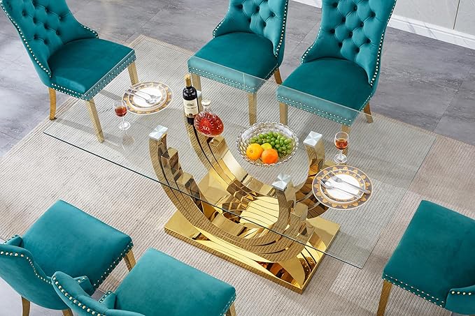 70" Glass Dining Table for 6-8, Modern Dining Room Table with 0.39" Tempered Glass Top and Three U-Shaped Gold Stainless Steel Base, Rectangle Kitchen Dinner Table for Dining Room
