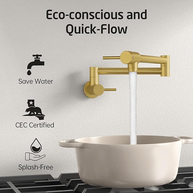 KES Kitchen Gold Pot Filler Folding Faucet Brass Double Joint Swing Arm Sink Faucet Articulating Wall Mount Two Handle Brushed Gold, KN926LFF18-BZ