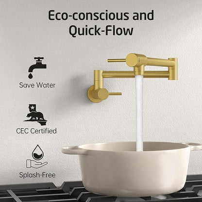 KES Kitchen Gold Pot Filler Folding Faucet Brass Double Joint Swing Arm Sink Faucet Articulating Wall Mount Two Handle Brushed Gold, KN926LFF18-BZ