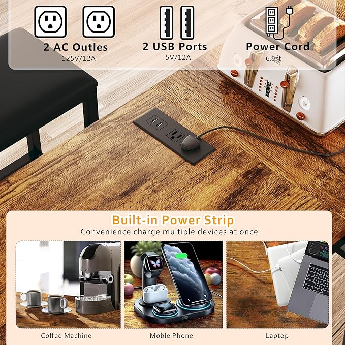 L Shaped Bar Table with Stools, 63‘’ Bar Height Table with Power Outlets, Convertible Corner Counter Height Bar Table with 2 Stools, Rectangular High Top Table for Small Spaces, Breakfast Nook, Rustic