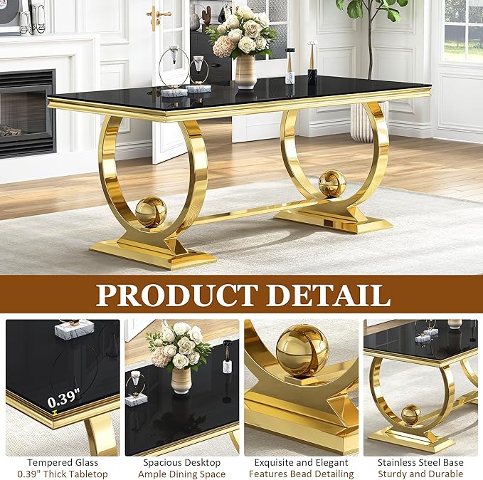 7-Piece Modern Luxury Dining Table Set, 70" Black Tempered Glass Dining Table with Gold Polished Stainless Steel U-Shaped Pedestal Base, 6 Black PU Leather X-Leg Dining Chairs, for Dining Room