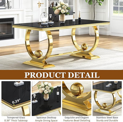 7-Piece Modern Luxury Dining Table Set, 70" Black Tempered Glass Kitchen Table with Gold Polished Stainless Steel U-Shaped Pedestal Base and 6 White Upholstered High-Back Side Chairs for Dining Room
