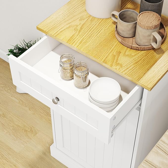 Ball & Cast Tilt-Out Trash Cabinet with One Drawer, Multifunctional White Hidden Garbage Can, Wooden Trash Can for Kitchen, Bathroom and Living Room, White