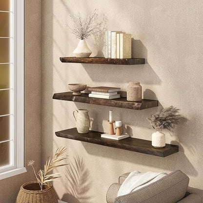 Live Edge Floating Shelf, 40 Inch Rustic Solid Elm Wood - Walnut Brown Finish with Invisible Brackets, Wall Mounted for Living Room, Kitchen, Bathroom