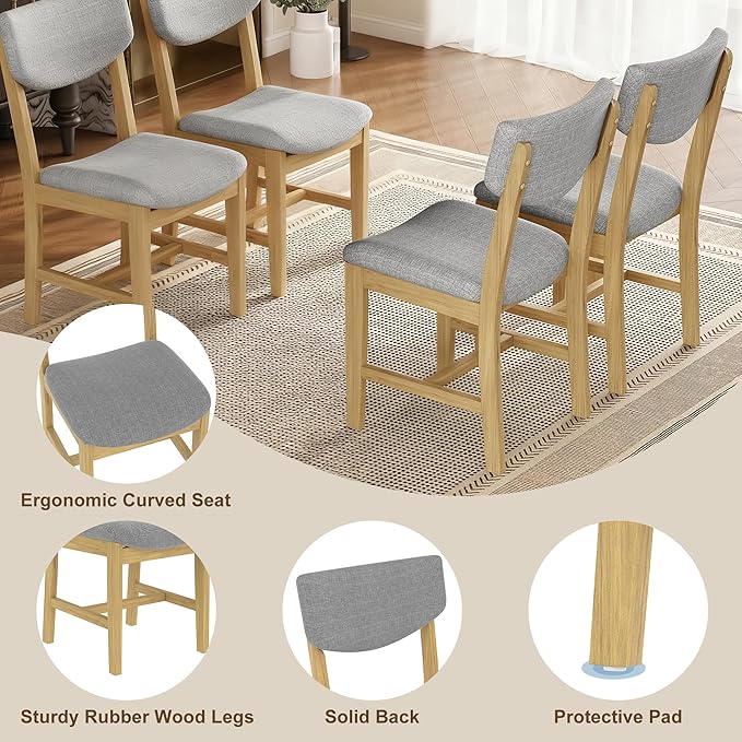 VilroCaz Rustic 5-Piece Dining Set, Solid Wood Rectangle Table with 4 Upholstered Chairs, Farmhouse-Style Dining Furniture for Kitchen & Dining Room, Minimalist Dining Set for 4 (Natural-1.21)