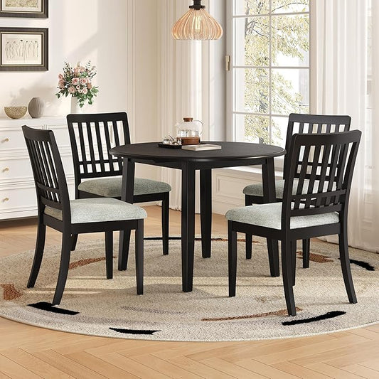 Merax 5-Piece Drop Leaf Round Dining Table Set for 4, Farmhouse Kitchen Table Set with Extendable Round Table and 4 Upholstered Chairs. Wood Table and Chairs Set for Dining Room, Living Room, Black