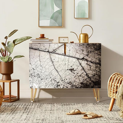 SIGNWIN Sideboard Buffet Cabinet, Kitchen Storage Cabinet with 2 Doors, Grunge Dark Forest Leaf Details, Cupboard Console Table for Dining Room - 35" L x 18" W x 29" H