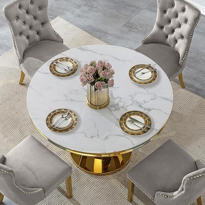Round Marble Dining Table for 4 6，Modern 45" White Gold Kitchen Table with Faux Marble Top & Diamond Design Pedestal Base, American-Style Round Dining Room Dinner Table,Home Kitchen Furniture