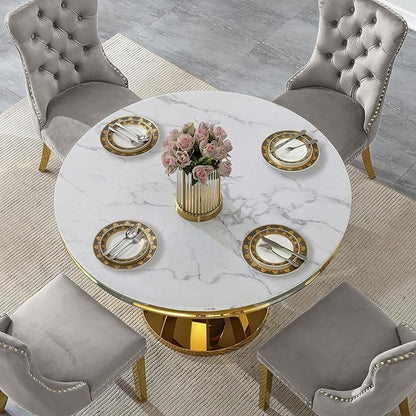 Round Marble Dining Table for 4 6，Modern 45" White Gold Kitchen Table with Faux Marble Top & Diamond Design Pedestal Base, American-Style Round Dining Room Dinner Table,Home Kitchen Furniture