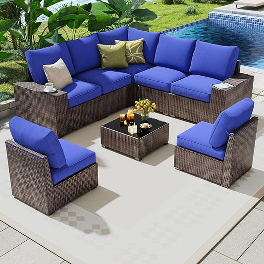 8 Piece Outdoor Patio Furniture Set, Outdoor Sectional Furniture, Rattan & Wicker Modern Modular Conversation Set Sofa Couch W/Water Resistant Washable Thick Cushions and Coffee Table, Brown/Blue