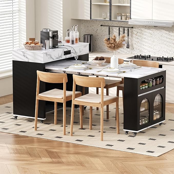 GDFStudio TREXM 73.8" Extendable Dining Table with Extra-Long Folding Top, Rolling Kitchen Island with Power Outlet, Drawers and Brake Lock, Black & Marble White Storage Cabinet