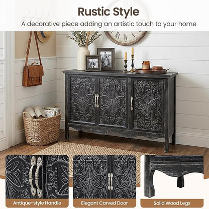 RoyalCraft Buffet Cabinet with Storage, Vintage Solid Wood Sideboard Table Coffee Bar Wine Bar Storage Cabinet with 3 Doors for Dining Room, Living Room, Hallway, Distressed Black