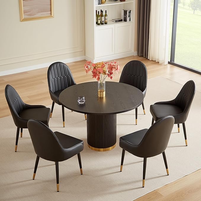 Round Dining Table Set for 6, 46.46" Modern Farmhouse Dining Table and 4 Leather Dining Chair, Circle Kitchen Tables with Wood & Gold Stainless Steel Base for Living Room, Kitchen, Black