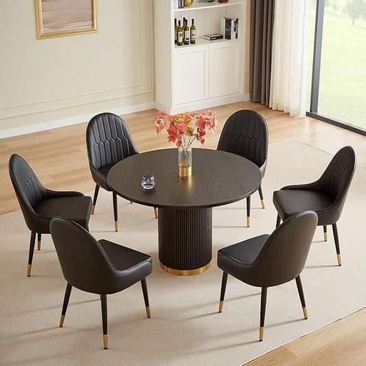 Round Dining Table Set for 6, 46.46" Modern Farmhouse Dining Table and 4 Leather Dining Chair, Circle Kitchen Tables with Wood & Gold Stainless Steel Base for Living Room, Kitchen, Black