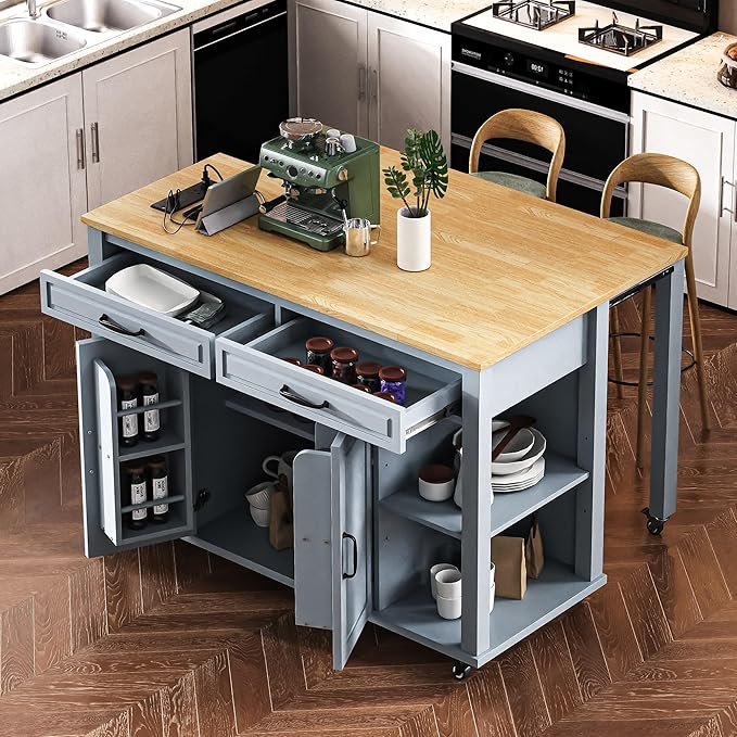 GOWE 47 inch Kitchen Island with Extendable Dining Table, Rubber Wood Veneer Kitchen Table with Internal Storage Rack, Power Outlet, Kitchen Island with Storage 2 Drawers 2 Cabinet,Grey Blu