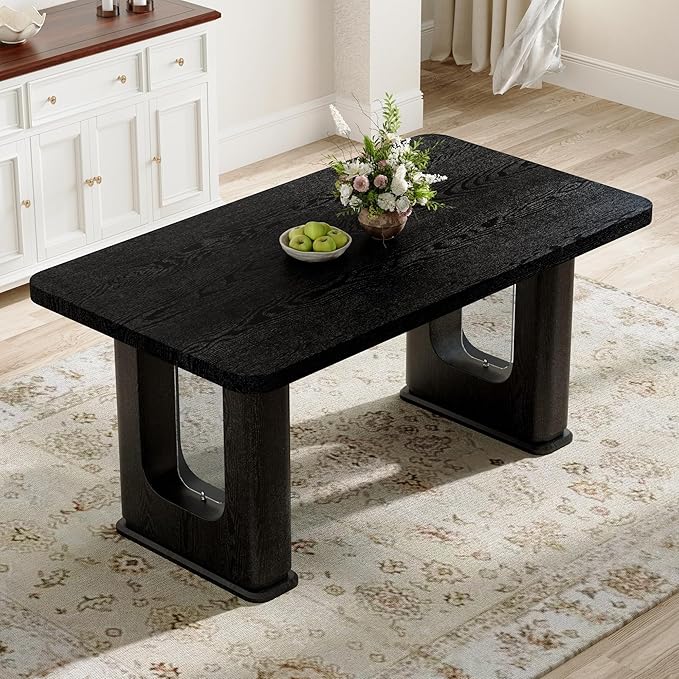64.5 x 35.4 Inch Modern Black Wood Textured Dining Table with Glass Accent, MDF Top, Anti-Slip Feet for Kitchen, Studio, Family Gatherings