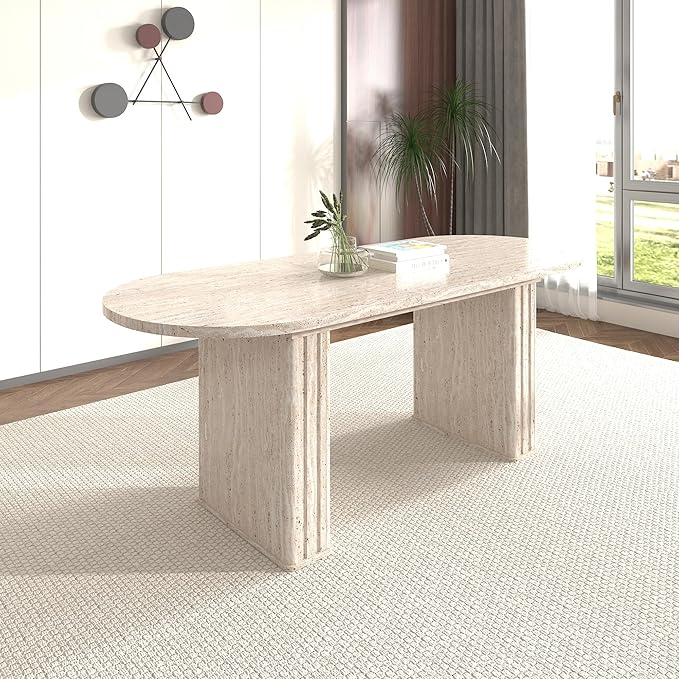 Extendable Dining Room Table for 4 6 8, 78.74" to 62.99" Beige Faux Travertine Marble Pattern Modern Farmhouse Wooden Kitchen Expanding Long Large Expandable Conference Table with Pedestal Base