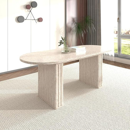 Extendable Dining Room Table for 4 6 8, 78.74" to 62.99" Beige Faux Travertine Marble Pattern Modern Farmhouse Wooden Kitchen Expanding Long Large Expandable Conference Table with Pedestal Base