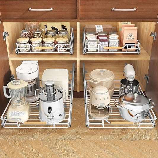 Pull out Cabinet Organizer, 15"W X 21"D, Heavy Duty Smooth Sliding Under Cabinet Shelves for Pots and Pans, Full-Extension Roll out Drawers, Slide out Organization for Home Kitchen Pantry, White