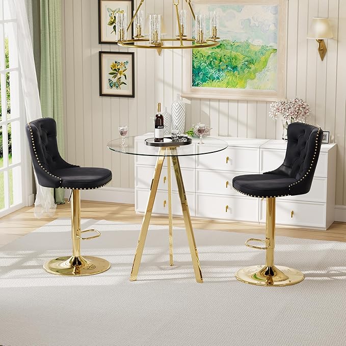 Small Round Glass Bar Height Table and Chairs Set for 2, Pub Table with Farmhouse Adjustable Velvet Bar Stools Island Chairs, Gold Dinner Table Set (Gold Metal Legs, Clear Top + Black Chair)