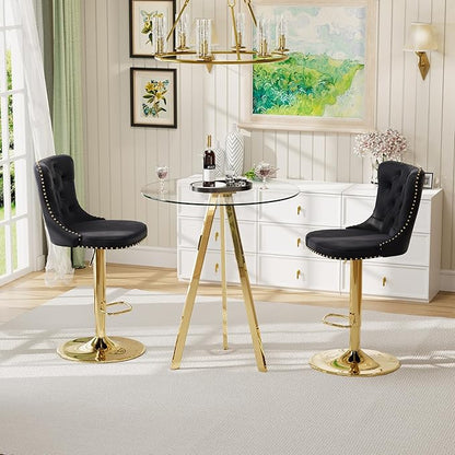 Small Round Glass Bar Height Table and Chairs Set for 2, Pub Table with Farmhouse Adjustable Velvet Bar Stools Island Chairs, Gold Dinner Table Set (Gold Metal Legs, Clear Top + Black Chair)