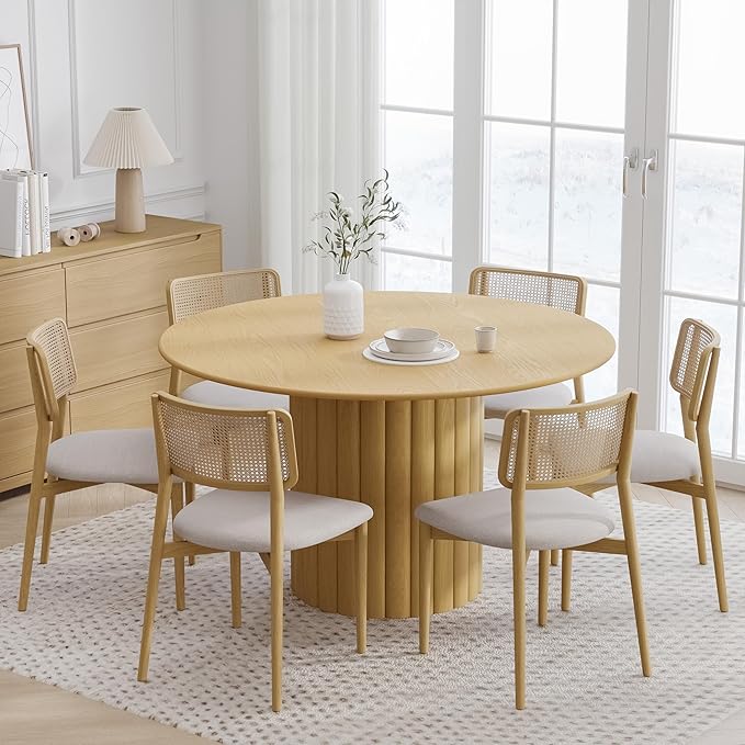 Casaphoria 52" Round Dining Table, Modern Wood Kitchen Table with Cylindrical Wide Bar Protruding Base for Living Room & Dining Room, Easy Assembly Farmhouse Furniture for 4-6, Oak