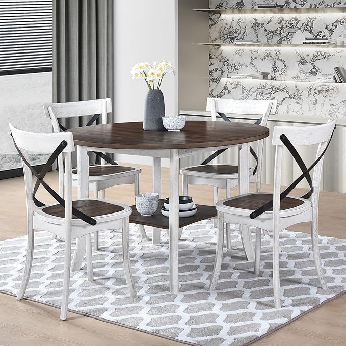 46" Rustic Dark Wood Island Table, Rustic Dining Table with Functional Storage, Farmhouse Dining Table for Small Home Gatherings, Antique Dark Oak,Antique White