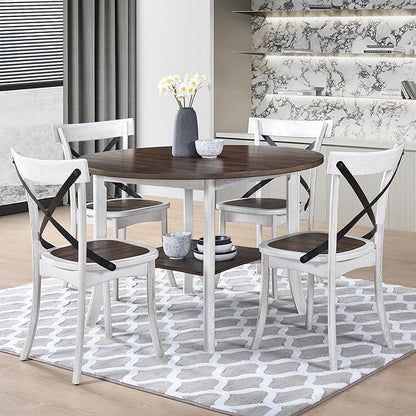 46" Sturdy Rustic Dark Wood Island Table, Rustic Dining Table with Modern Farmhouse Style, Farmhouse Dining Table with Storage Shelf for Small Gatherings, Antique Dark Oak,Antique White