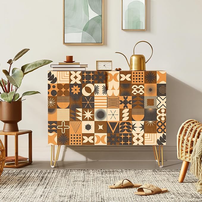 SIGNWIN Sideboard Buffet Cabinet, Kitchen Storage Cabinet with 2 Doors, Brown Polygon Collage Pattern, Cupboard Console Table for Dining Room - 35" L x 18" W x 29" H