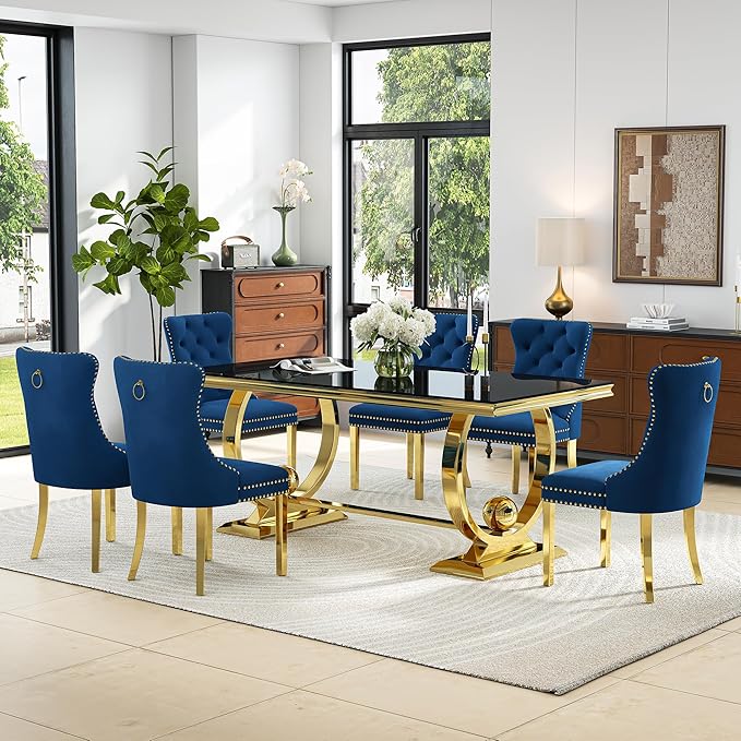 7-Piece Modern Luxury Dining Table Set, 70" Black Tempered Glass Dining Table with Gold Polished Stainless Steel U-Shaped Pedestal Base, 6 Blue Velvet Upholstered Chairs, for Dining Room, Office
