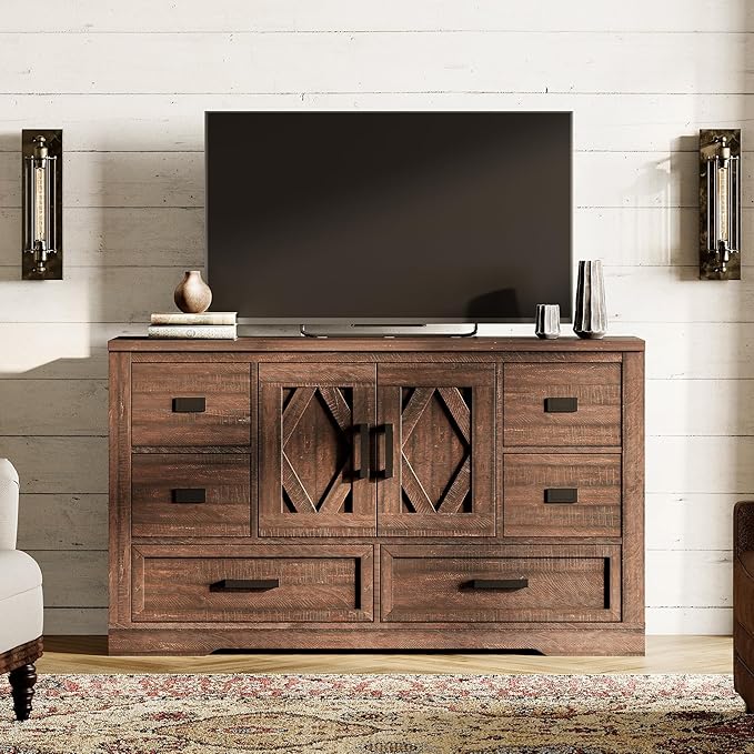 WAMPAT 54" W Large Sideboard Buffet Cabinet with Storage,Wood Farmhouse Sideboard Table with Barn Doors and Drawers for Kitchen,Dining Room,Coffee Bar,Dark Brown