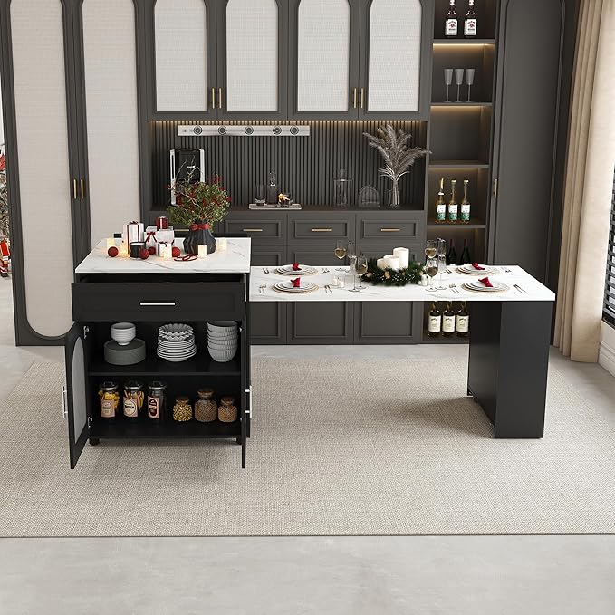 80.7-Inch Expandable Kitchen Island with Dining Table, Black MDF Kitchen Prep Table with Solid Wood Grain Countertop, Mobile Storage Cart (Cabinet + 2 Drawers) & Power Outle
