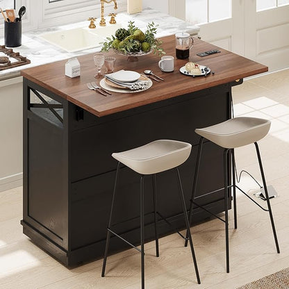 RUNNA 46.5'' Farmhouse Kitchen Island with Drape of Beads,Power Outlet, Rolling Kitchen Cart on Wheels with Drop Leaf, 3 Doors,3 Drawers and Internal Iron Shelf, for Kitchen,Dining Room (Black@72)