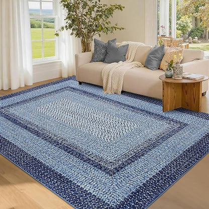 Printed Washable Area Rugs 5x7 Rug for Living Room Non Slip Modern Soft Area Rug for Bedroom Farmhouse Braided Throw Rugs Contemporary Stain Resistant Carpet for Dining Room 5'x7' Navy Blue