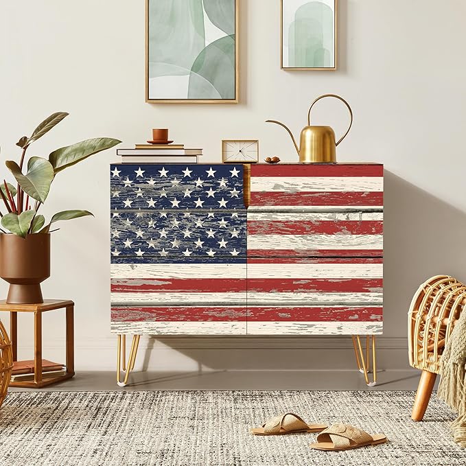 SIGNWIN Sideboard Buffet Cabinet, Kitchen Storage Cabinet with 2 Doors, Vintage Classic American Flag, Cupboard Console Table for Dining Room - 35" L x 18" W x 29" H