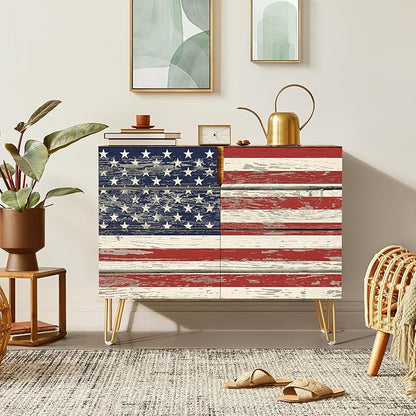 SIGNWIN Sideboard Buffet Cabinet, Kitchen Storage Cabinet with 2 Doors, Vintage Classic American Flag, Cupboard Console Table for Dining Room - 35" L x 18" W x 29" H