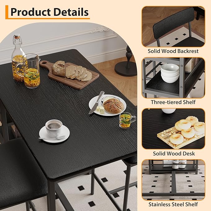 GAOMON Dining Table Set for 2, Counter Height Kitchen Table and Chairs, Tall Bar Table Set with 2 Upholstered Bar Stools, 3 Piece Dining Room Table Set for Small Space, Apartment, Black