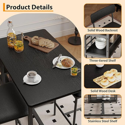 Bar Table Set for 2 with 3 Storage Shelves, Space-Saving Kitchen Table & Chairs with PU Cushions, Thick MDF Wood Top and Steel Frame for Apartment and Bistros - Black