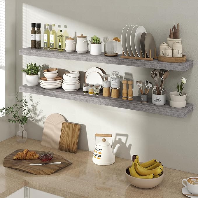 Acovy 48 Inch Floating Shelves for Wall 2 Pack, 48" Wall Shelves for Books, Storage, Decor, Wall Mounted Floating Shelf with Invisible Brackets for Kitchen, Living Room, Gray