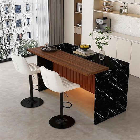 Montary 63-inch Modern Kitchen Island and Dining Table Set with 2 Swivel Stools, Marble-Look Countertop with LED Lights and Metal Grille Design, for Kitchen, Living Room,Black & Beige