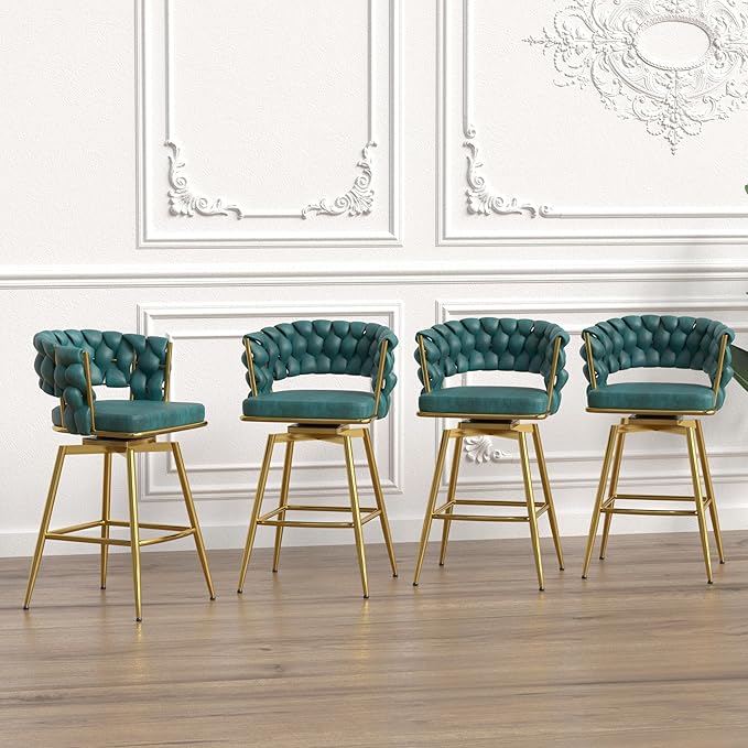 26" Bar Chair Suede Woven Bar Stool Set of 2,Golden Legs Bar stools No Adjustable Kitchen Island Chairs,360 Swivel Bar Stools Upholstered Bar Chair Counter Stool Arm Chairs with Back Footrest (Blue)