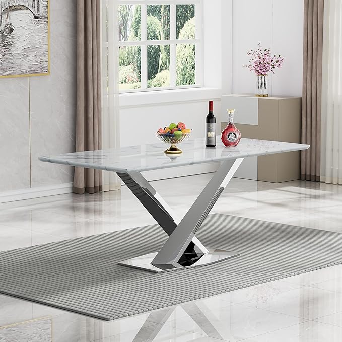 70 in Faux Marble Dining Table for 4 6 8, Modern White Silver Kitchen & Dining Room Table with X-Shape Stainless Steel Pedestal, Luxury Rectangular Large Dinner Table for Kitchen Home