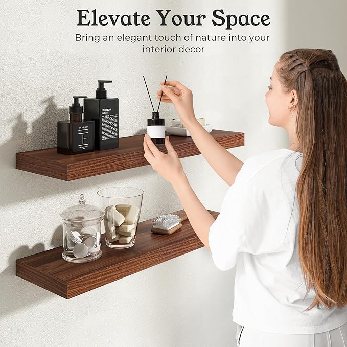 Floating Shelves for Wall, 9.3" Deep Wall Mounted Wood Shelves for Bathroom, Bedroom, Living Room, Kitchen, Hanging Shelf for Books/Storage/Room Decor (Walnut, 48")