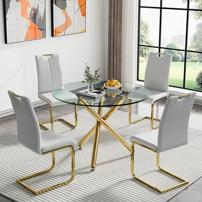 35.43'' Round Glass Dining Table,Modern Kitchen Table for 2-4 People,Dining Room Table with Tempered Glass Top and Metal Legs for Kitchen Apartment