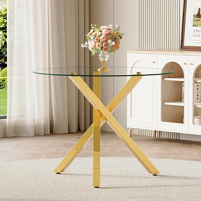 Round Glass Dining Table 39 Inch Modern Round Kitchen Table with Metal Legs Durable Stylish Dinner Table for Dining Room Kitchen